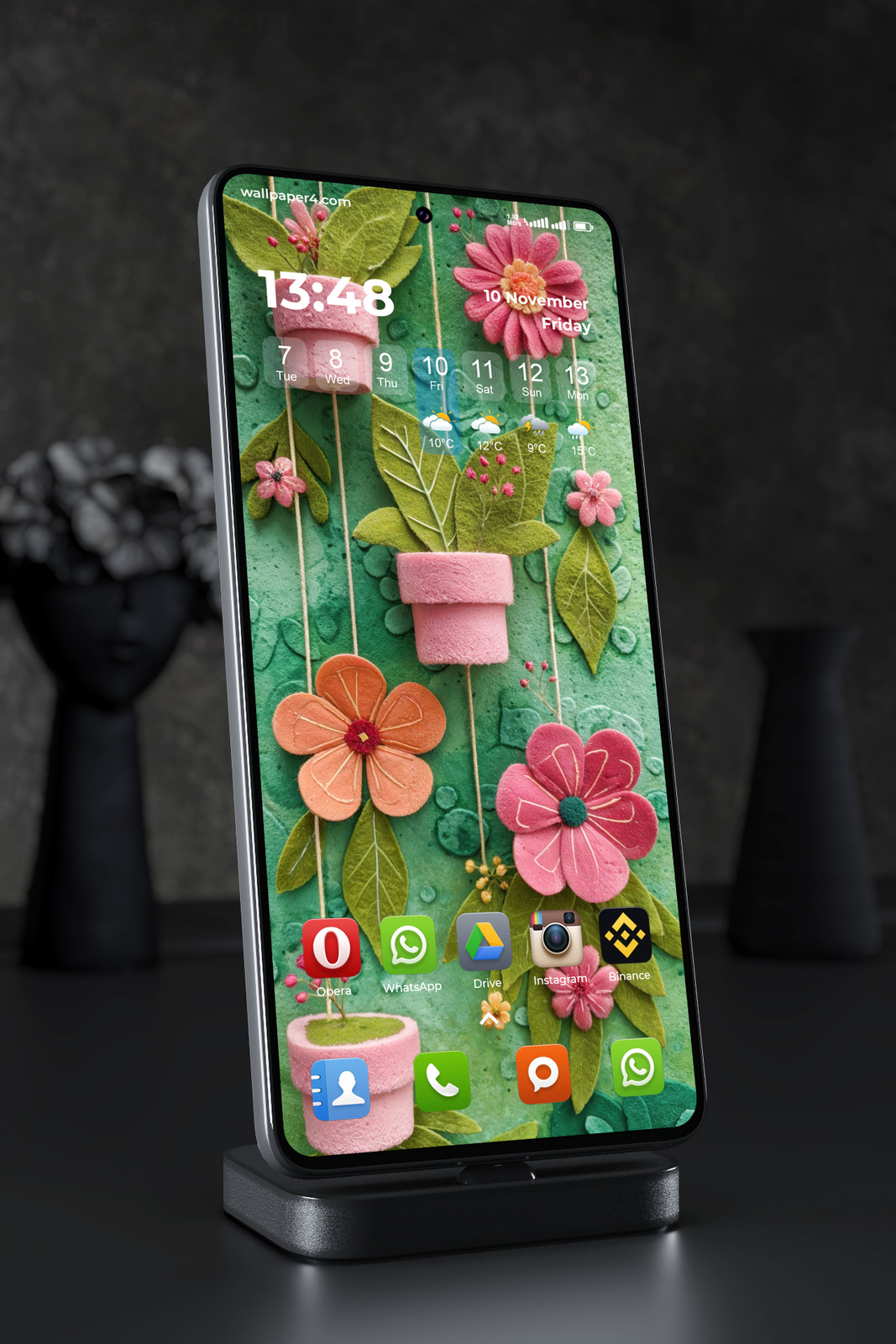 Mobile Wallpaper 7757 - Colorful Felt Flowers in Pink Garden Pots