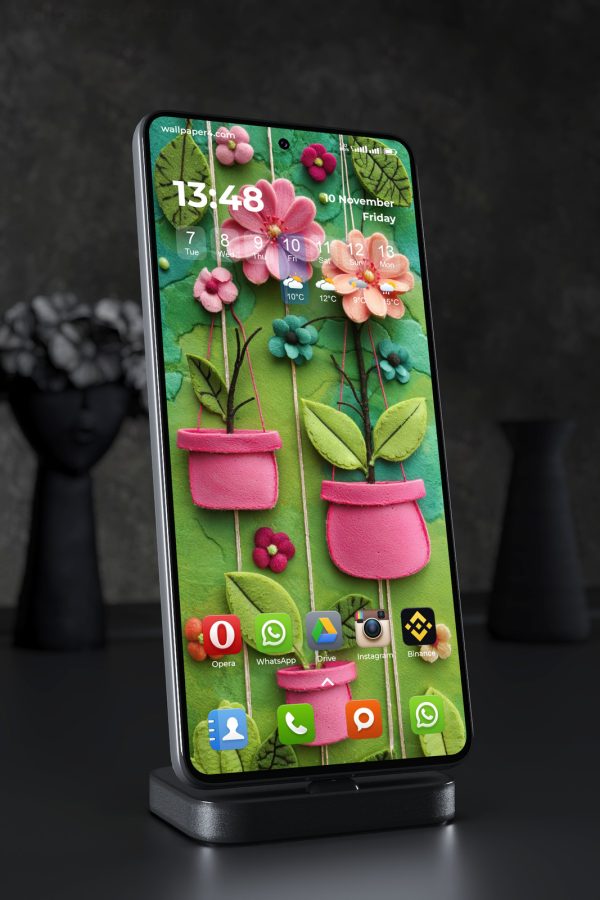 Mobile Wallpaper 7757 - Colorful Felt Flowers in Pink Garden Pots