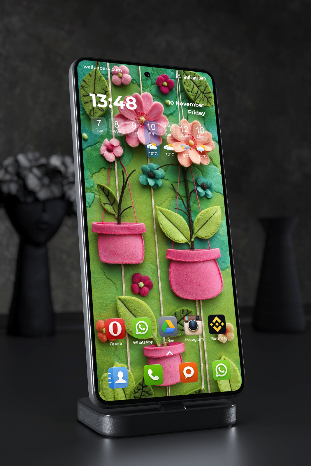 Mobile Wallpaper 7757 - Colorful Felt Flowers in Pink Garden Pots