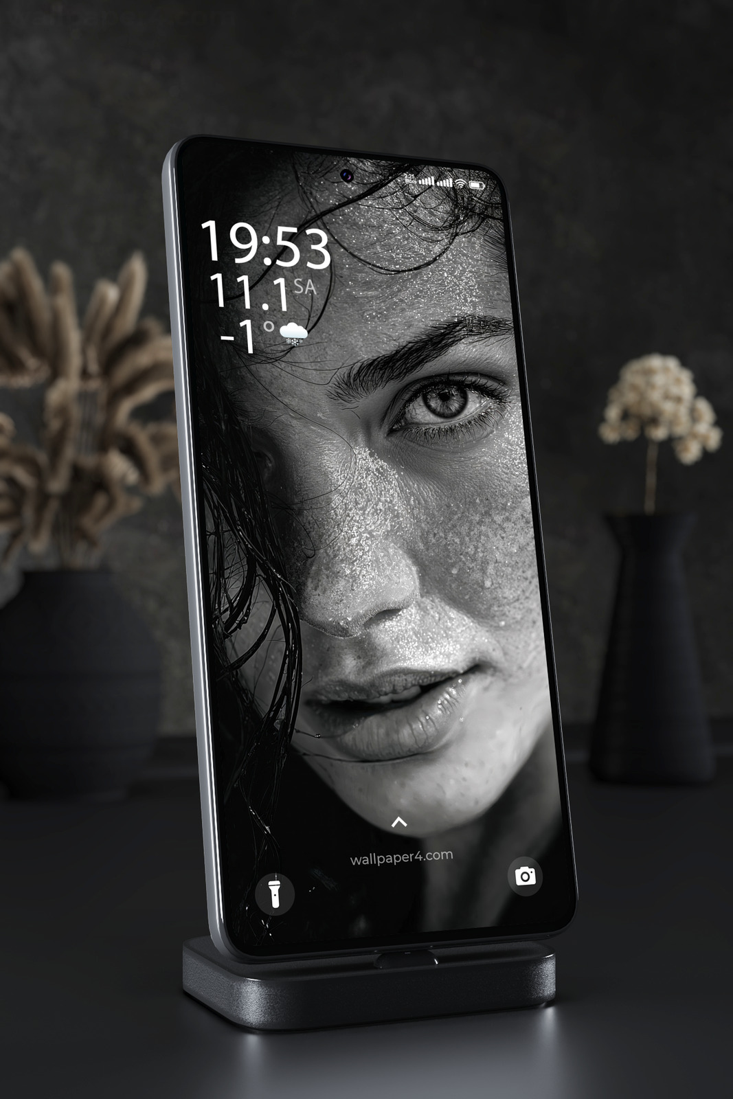 Phone Wallpaper 7766 - Dark Monochrome Woman Portrait with Intense Gaze