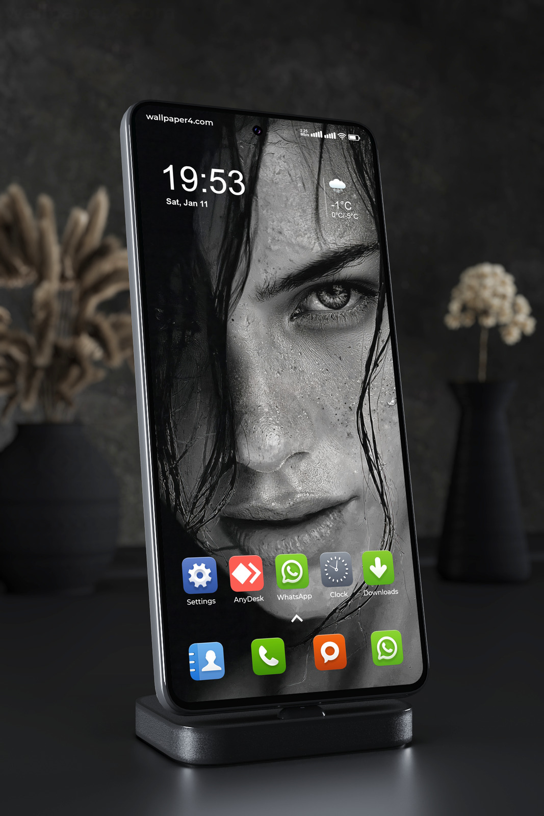 Mobile Wallpaper 7766 - Dark Monochrome Woman Portrait with Intense Gaze