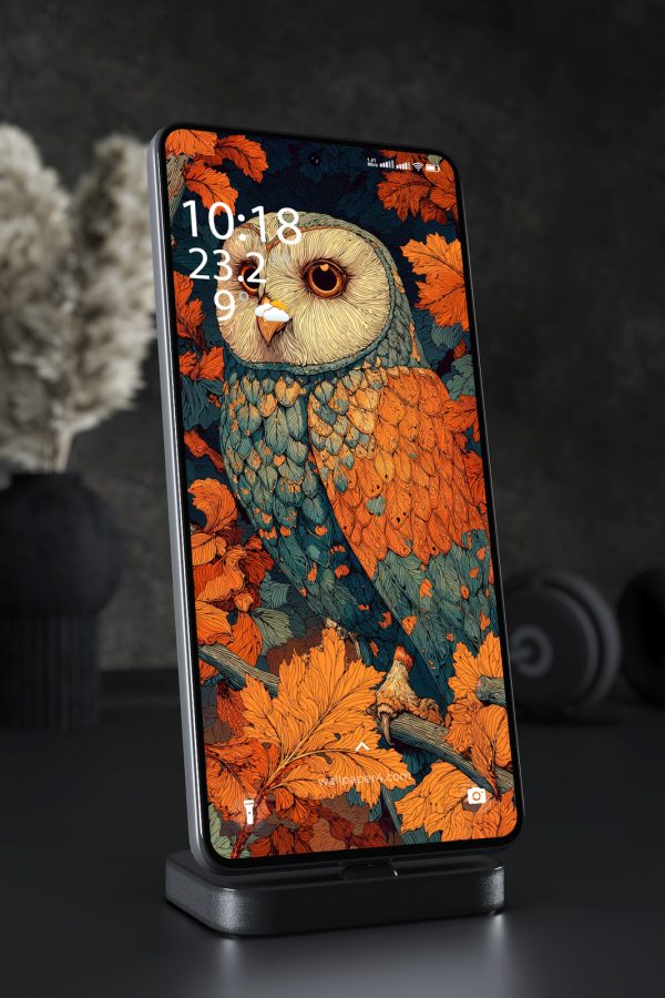 Phone Wallpaper 7770 - Autumn Owl Among Vibrant Orange Leaves
