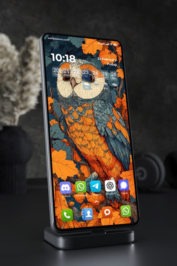 Mobile Wallpaper 7770 - Autumn Owl Among Vibrant Orange Leaves