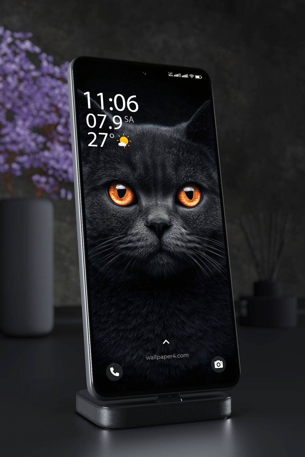 Mobile Wallpaper 7774 - Black Cat with Glowing Amber Eyes Portrait