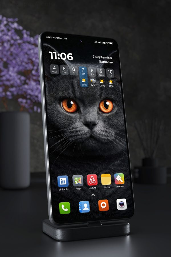 Mobile Wallpaper 7774 - Black Cat with Glowing Amber Eyes Portrait