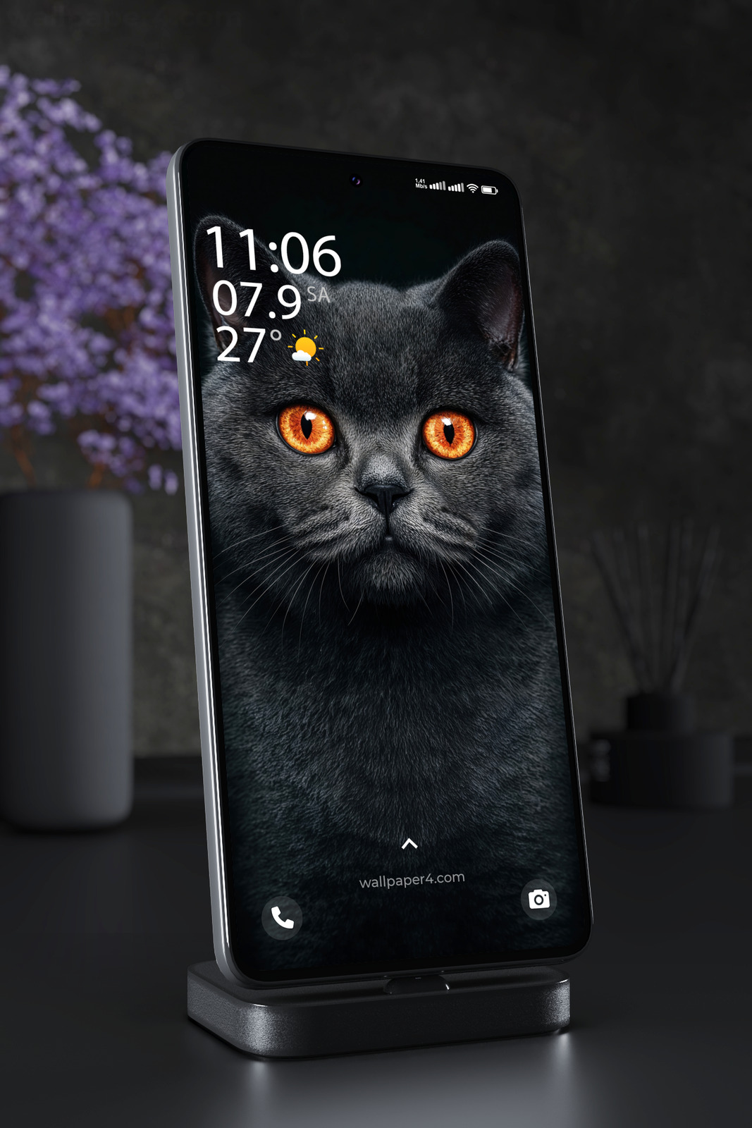 Mobile Wallpaper 7774 - Black Cat with Glowing Amber Eyes Portrait