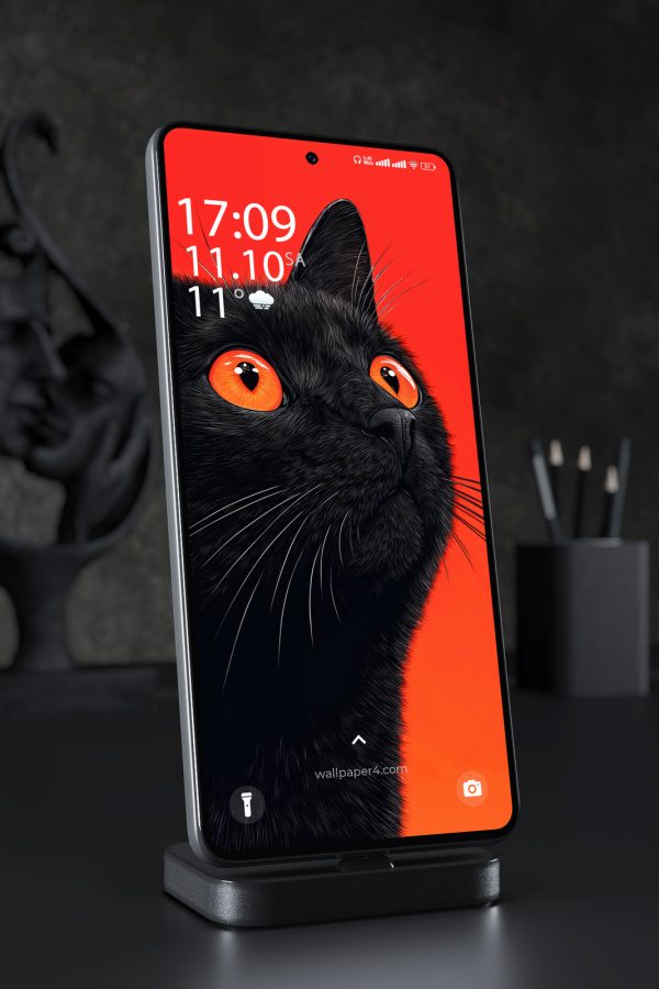 Phone Wallpaper 7779 - Black Cat with Fiery Orange Eyes Portrait