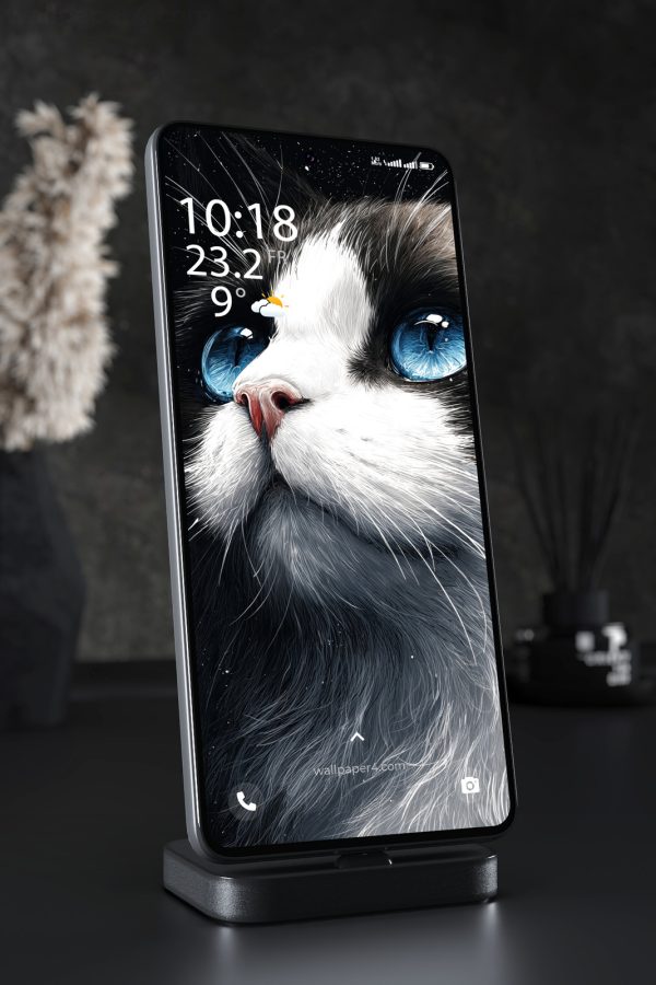 Phone Wallpaper 7783 - Blue-Eyed Black and White Cat Portrait