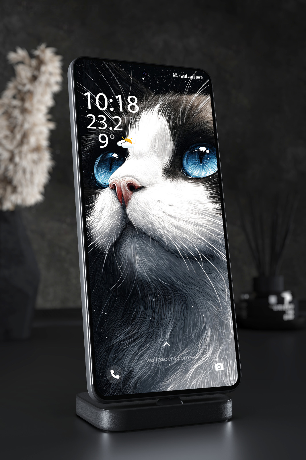 Phone Wallpaper 7783 - Blue-Eyed Black and White Cat Portrait