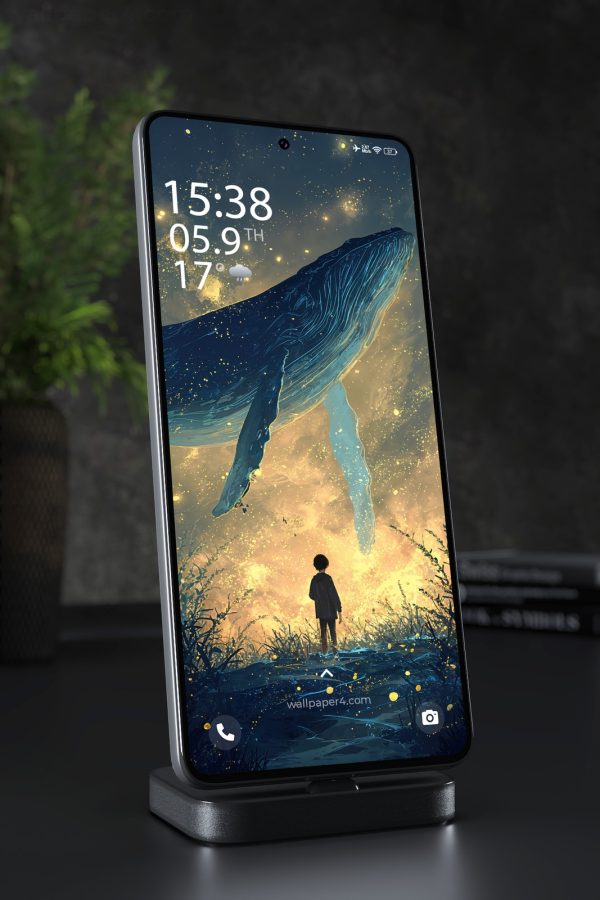 Phone Wallpaper 7787 - Celestial Whale Above a Golden Dreamscape