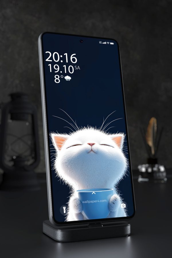 Phone Wallpaper 7791 - Cute White Cat Holding a Blue Coffee Cup