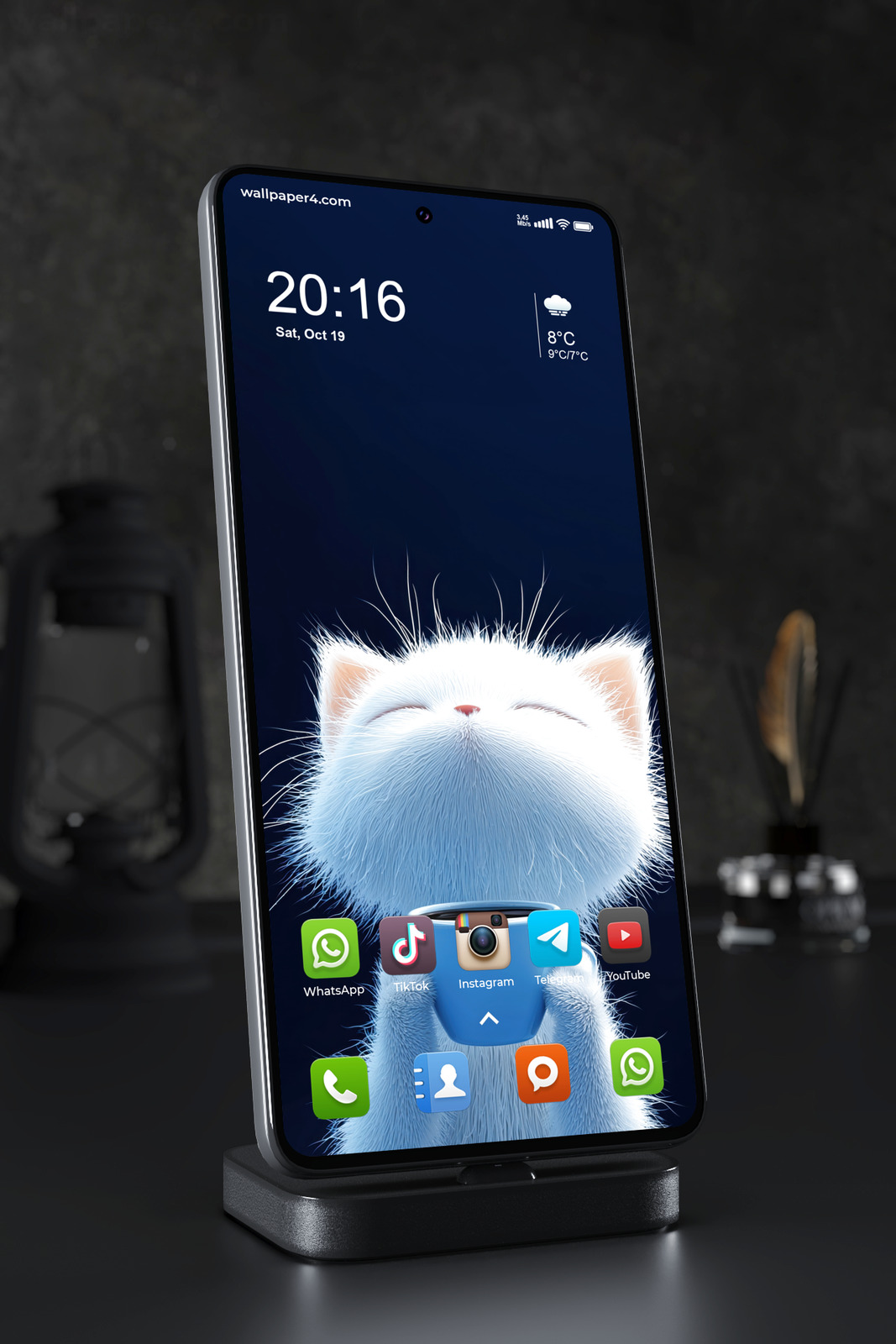 Mobile Wallpaper 7791 - Cute White Cat Holding a Blue Coffee Cup