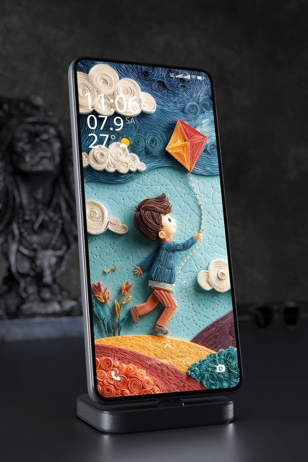 Phone Wallpaper 7795 - Whimsical Paper Art Boy Flying a Colorful Kite