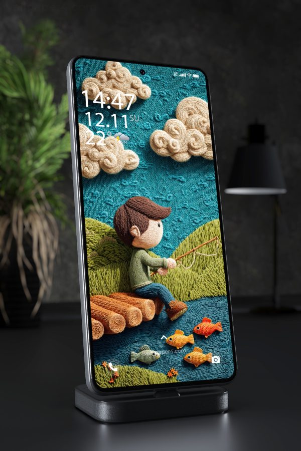 Phone Wallpaper 7799 - Whimsical Yarn Boy Fishing in a Cozy Lake