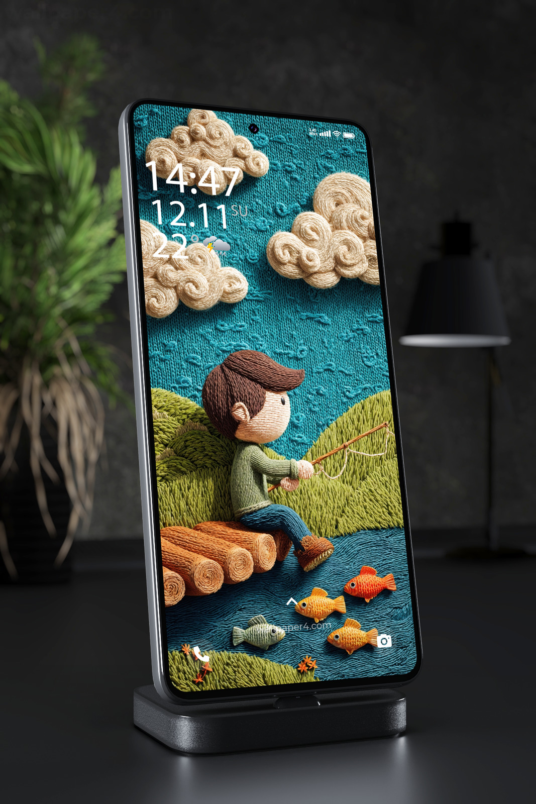 Phone Wallpaper 7799 - Whimsical Yarn Boy Fishing in a Cozy Lake