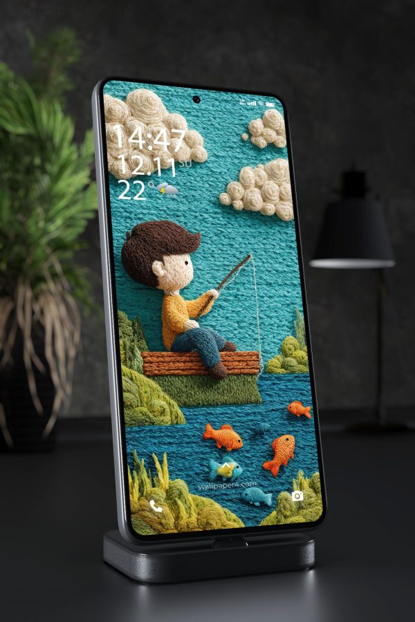 Mobile Wallpaper 7799 - Whimsical Yarn Boy Fishing in a Cozy Lake