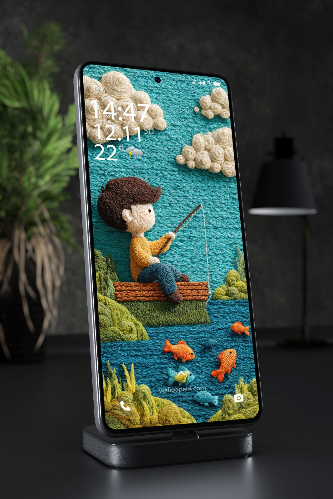 Mobile Wallpaper 7799 - Whimsical Yarn Boy Fishing in a Cozy Lake