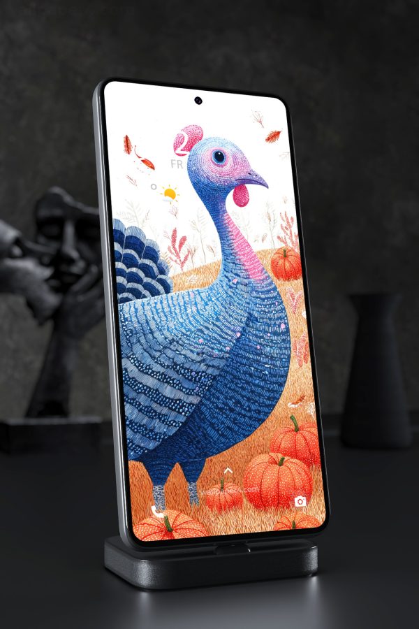 Phone Wallpaper 7803 - Whimsical Blue Turkey in an Autumn Pumpkin Field