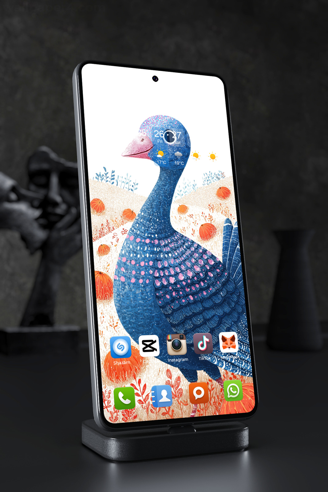 Mobile Wallpaper 7803 - Whimsical Blue Turkey in an Autumn Pumpkin Field