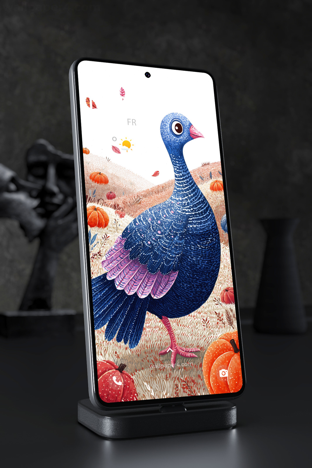 Mobile Wallpaper 7803 - Whimsical Blue Turkey in an Autumn Pumpkin Field