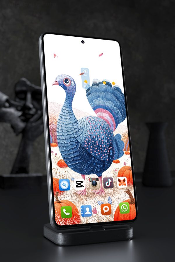 Mobile Wallpaper 7803 - Whimsical Blue Turkey in an Autumn Pumpkin Field