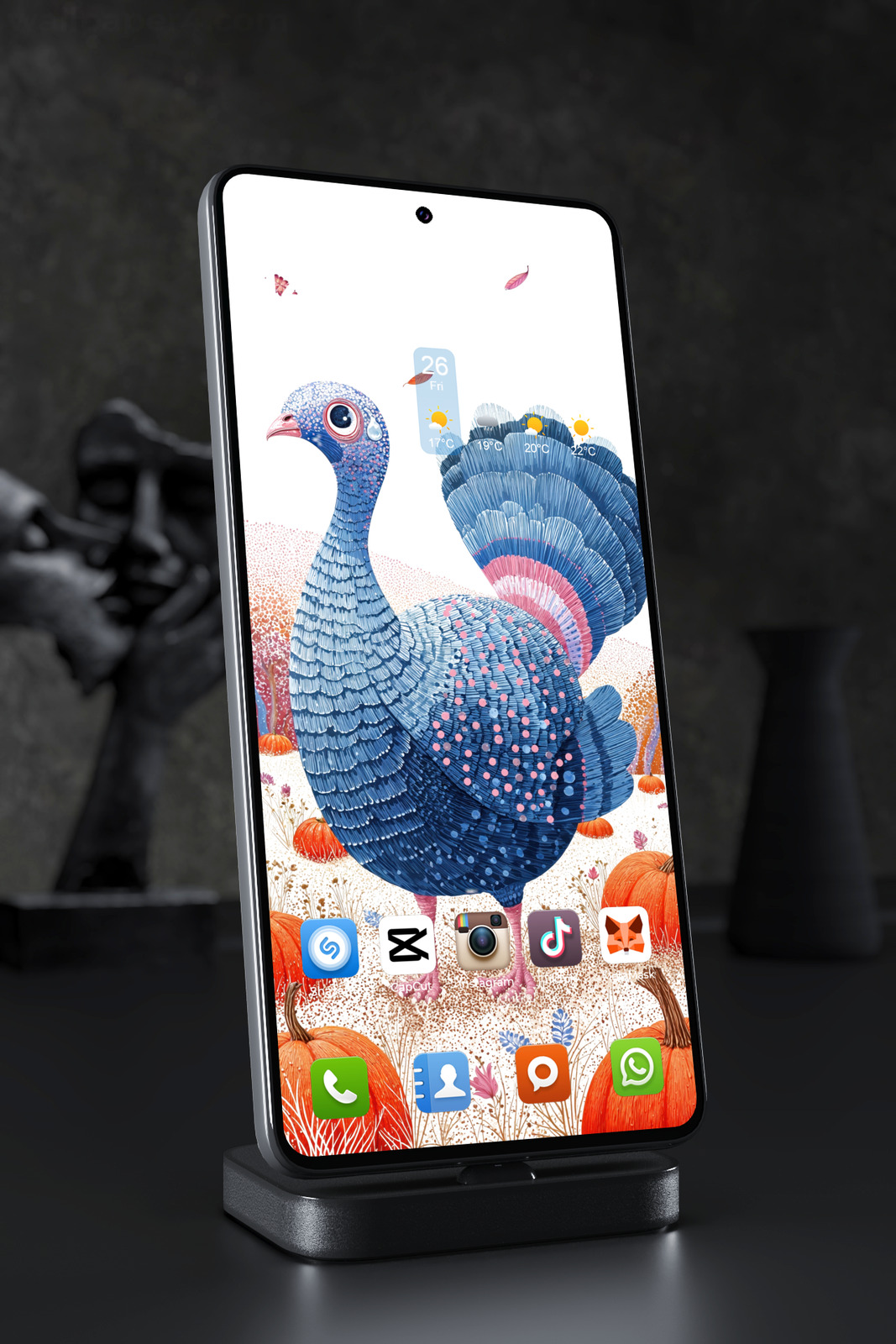 Mobile Wallpaper 7803 - Whimsical Blue Turkey in an Autumn Pumpkin Field