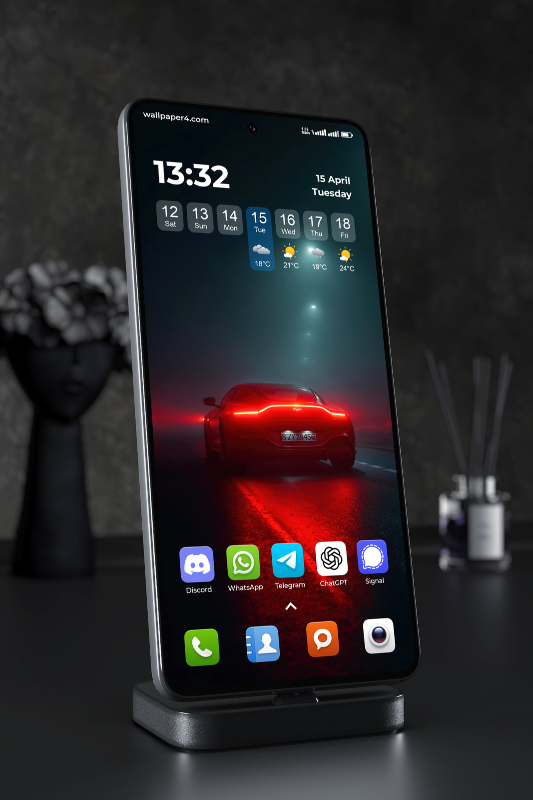Phone Wallpaper 7808 - Red Sports Car in Foggy Night Street Lights