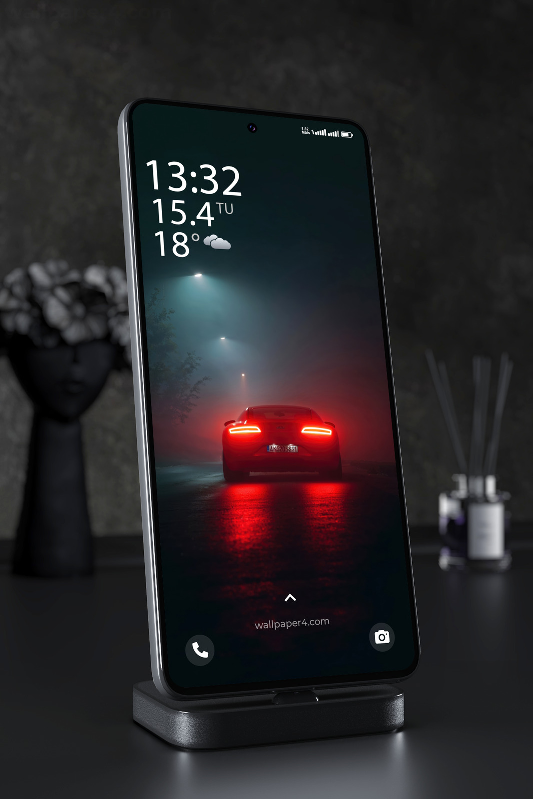 Mobile Wallpaper 7808 - Red Sports Car in Foggy Night Street Lights