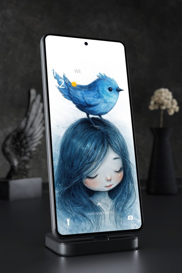 Phone Wallpaper 7812 - Blue Bird and Dreaming Girl Fantasy Portrait