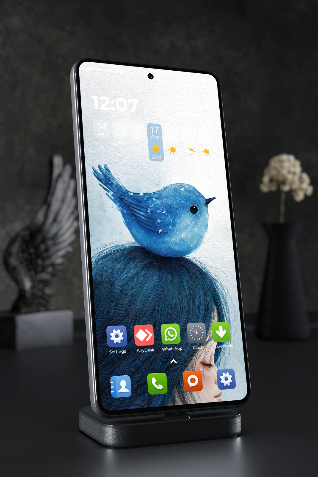 Mobile Wallpaper 7812 - Blue Bird and Dreaming Girl Fantasy Portrait