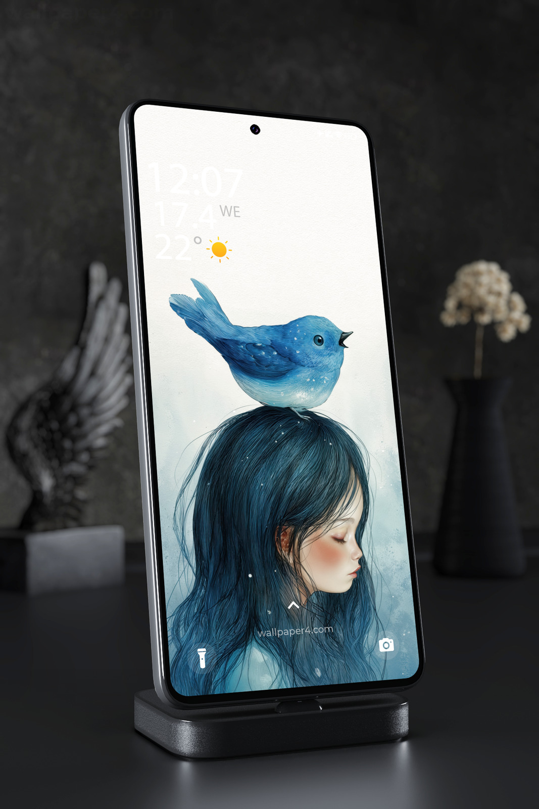 Mobile Wallpaper 7812 - Blue Bird and Dreaming Girl Fantasy Portrait