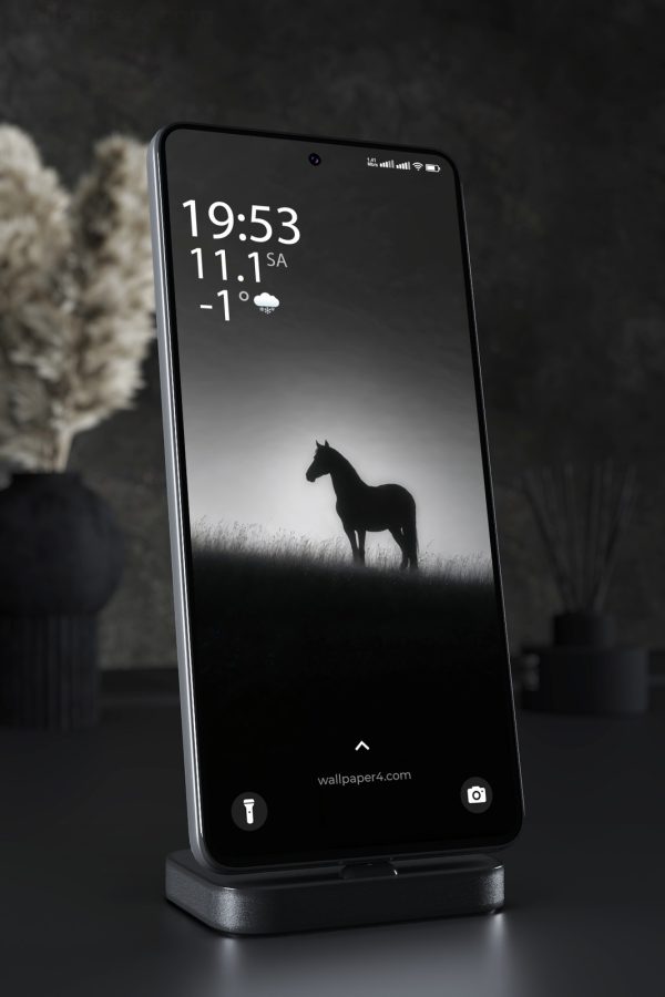 Phone Wallpaper 7821 - Dark Horse Silhouette in a Misty Monochrome Field