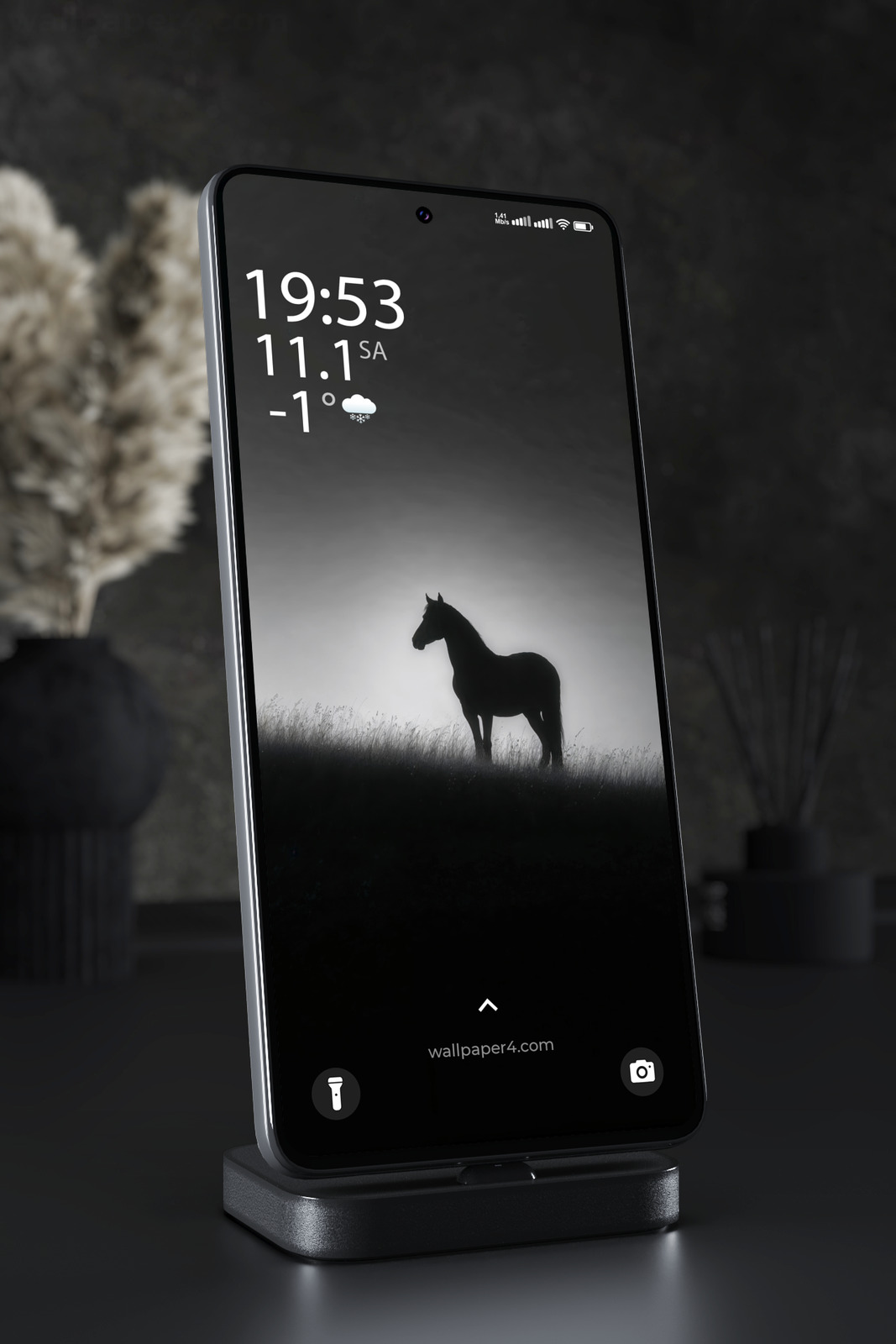 Phone Wallpaper 7821 - Dark Horse Silhouette in a Misty Monochrome Field