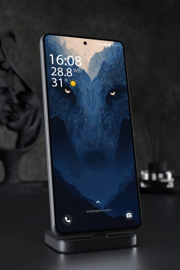 Phone Wallpaper 7824 - Mystic Blue Wolf with Glowing Golden Eyes