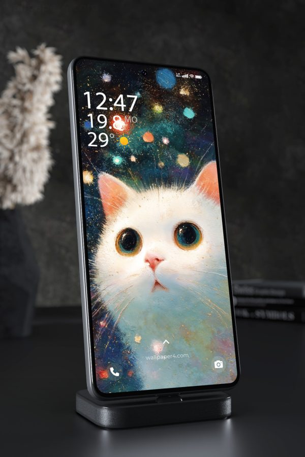 Phone Wallpaper 7828 - Cosmic White Cat in a Colorful Painted Galaxy