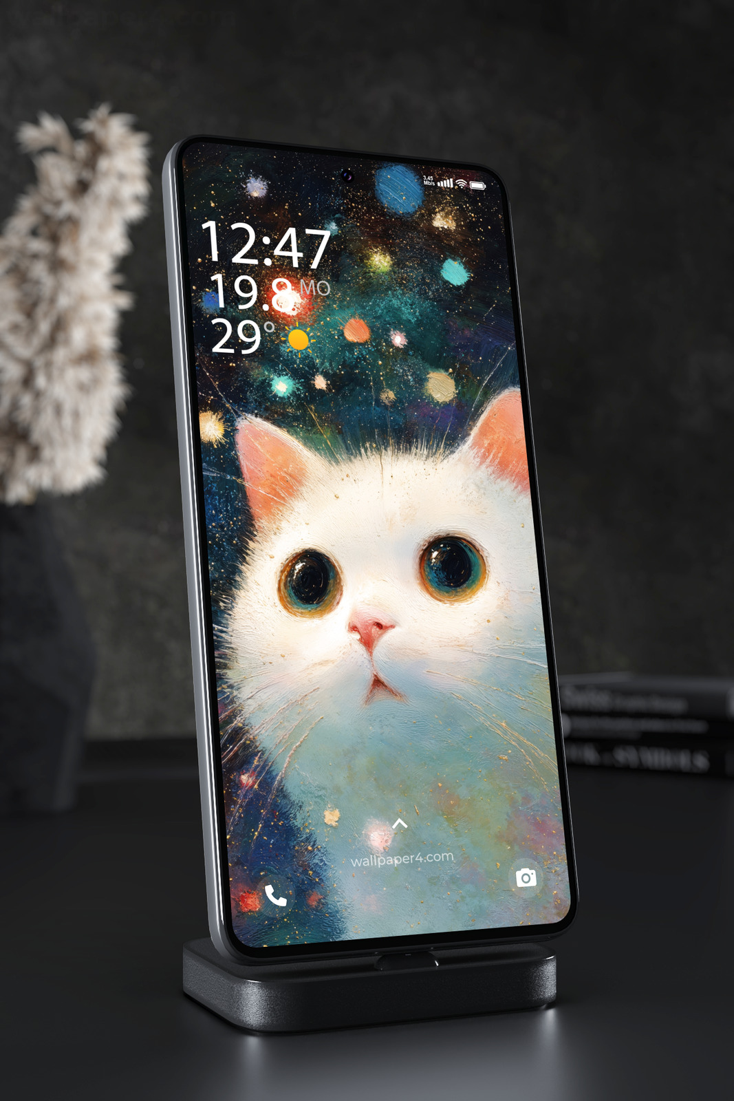 Phone Wallpaper 7828 - Cosmic White Cat in a Colorful Painted Galaxy