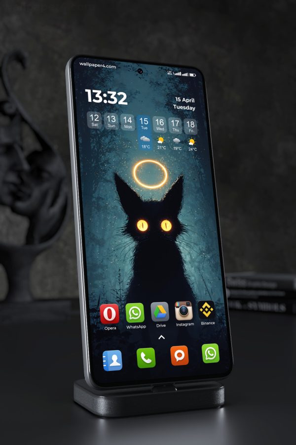 Phone Wallpaper 7876 - Mystical Black Cat With Glowing Eyes in Forest