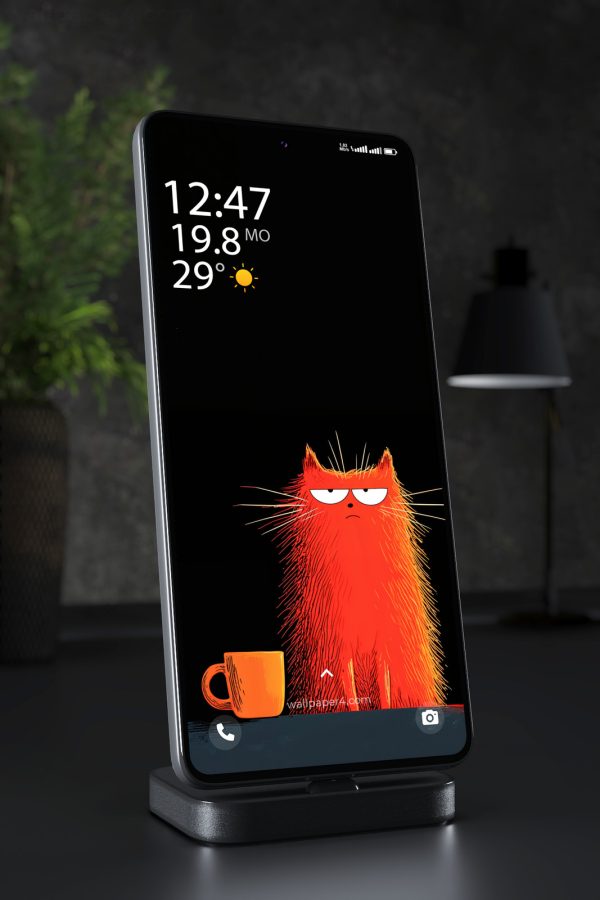 Phone Wallpaper 7938 - Funny Orange Cat with Coffee on Black Background