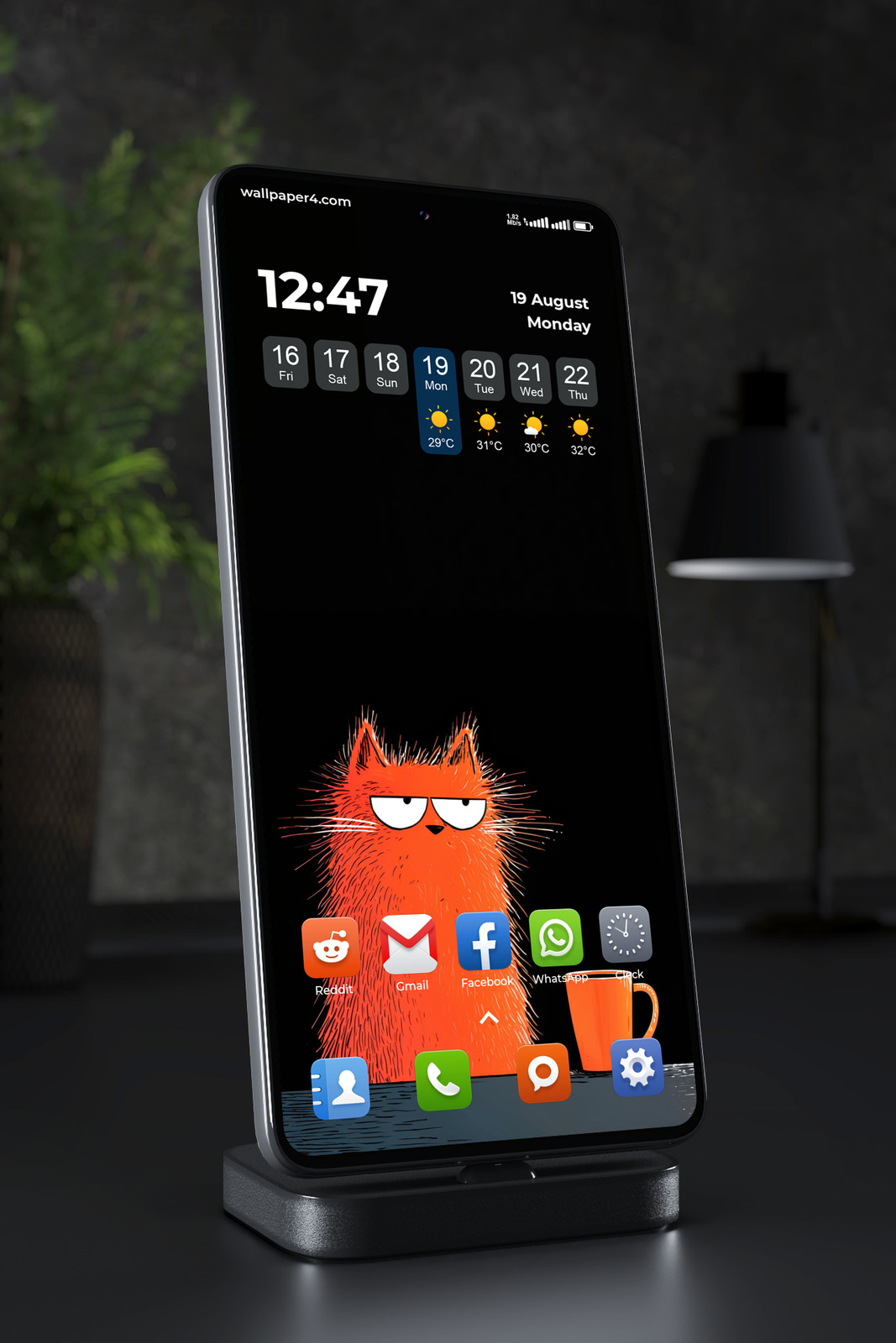 Mobile Wallpaper 7938 - Funny Orange Cat with Coffee on Black Background