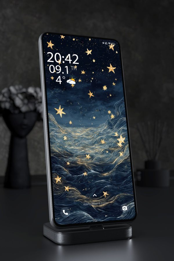 Phone Wallpaper 7956 - Golden Stars Over Ocean Waves Art