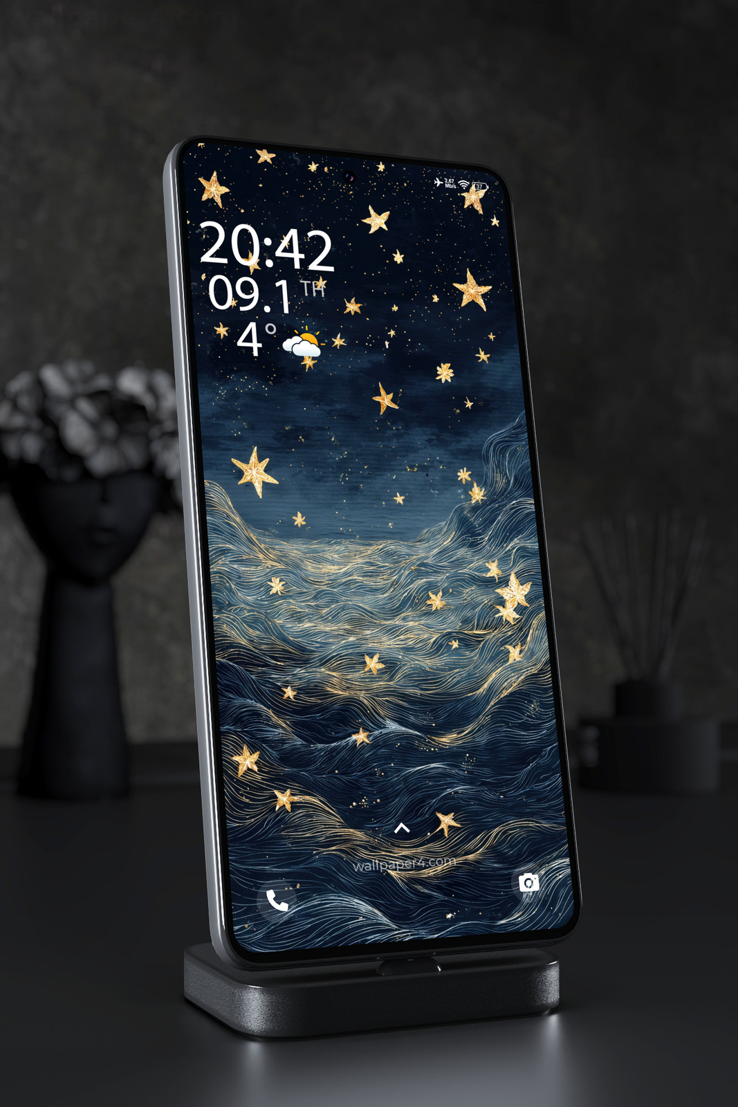 Phone Wallpaper 7956 - Golden Stars Over Ocean Waves Art