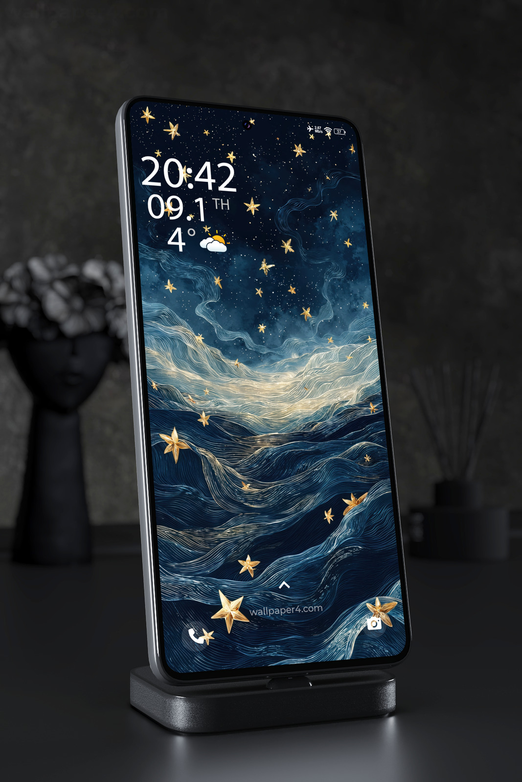 Mobile Wallpaper 7956 - Golden Stars Over Ocean Waves Art
