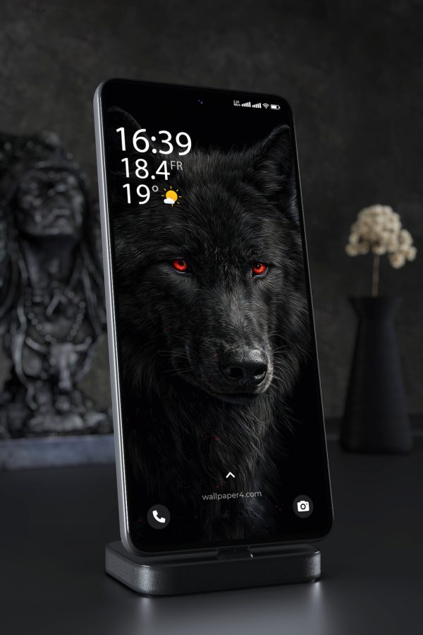 Phone Wallpaper 8014 - Black Wolf with Fiery Red Eyes in the Darkness