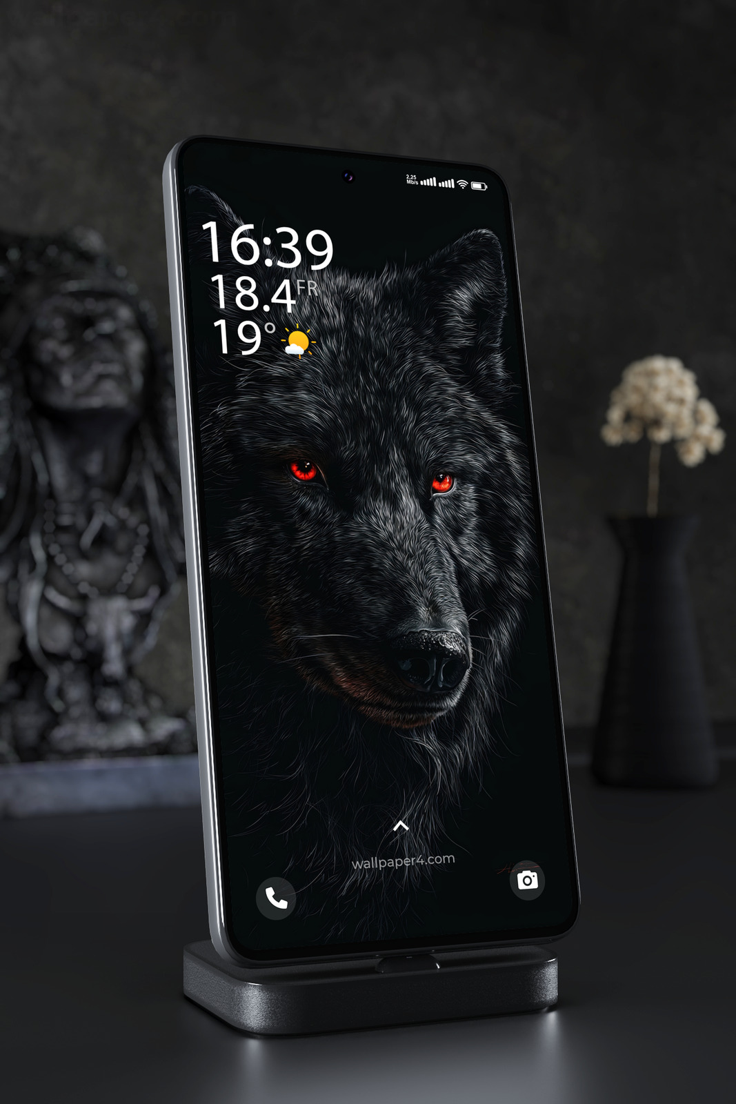 Mobile Wallpaper 8014 - Black Wolf with Fiery Red Eyes in the Darkness
