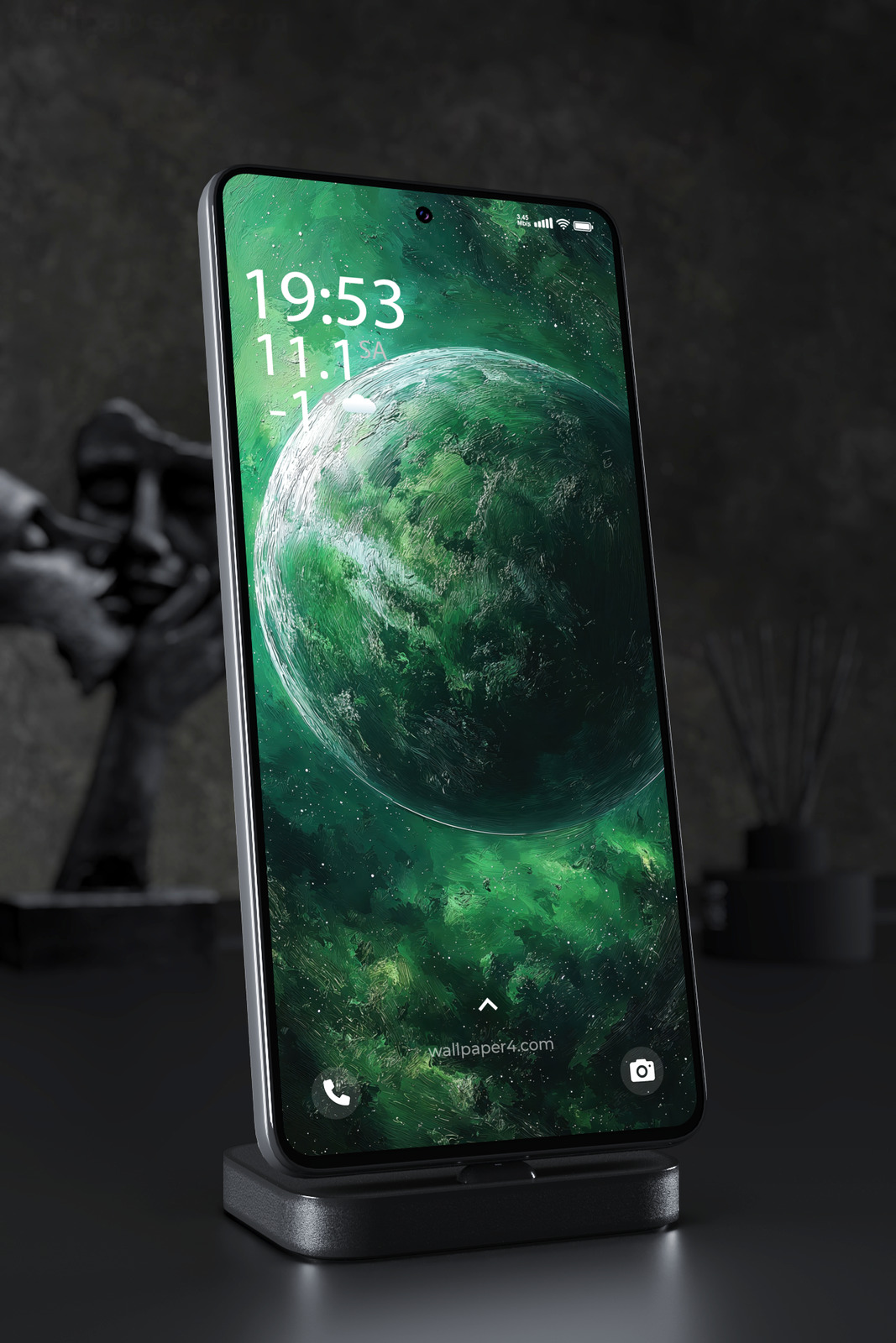 Phone Wallpaper 8027 - Emerald Planet in Deep Space Abstract Art
