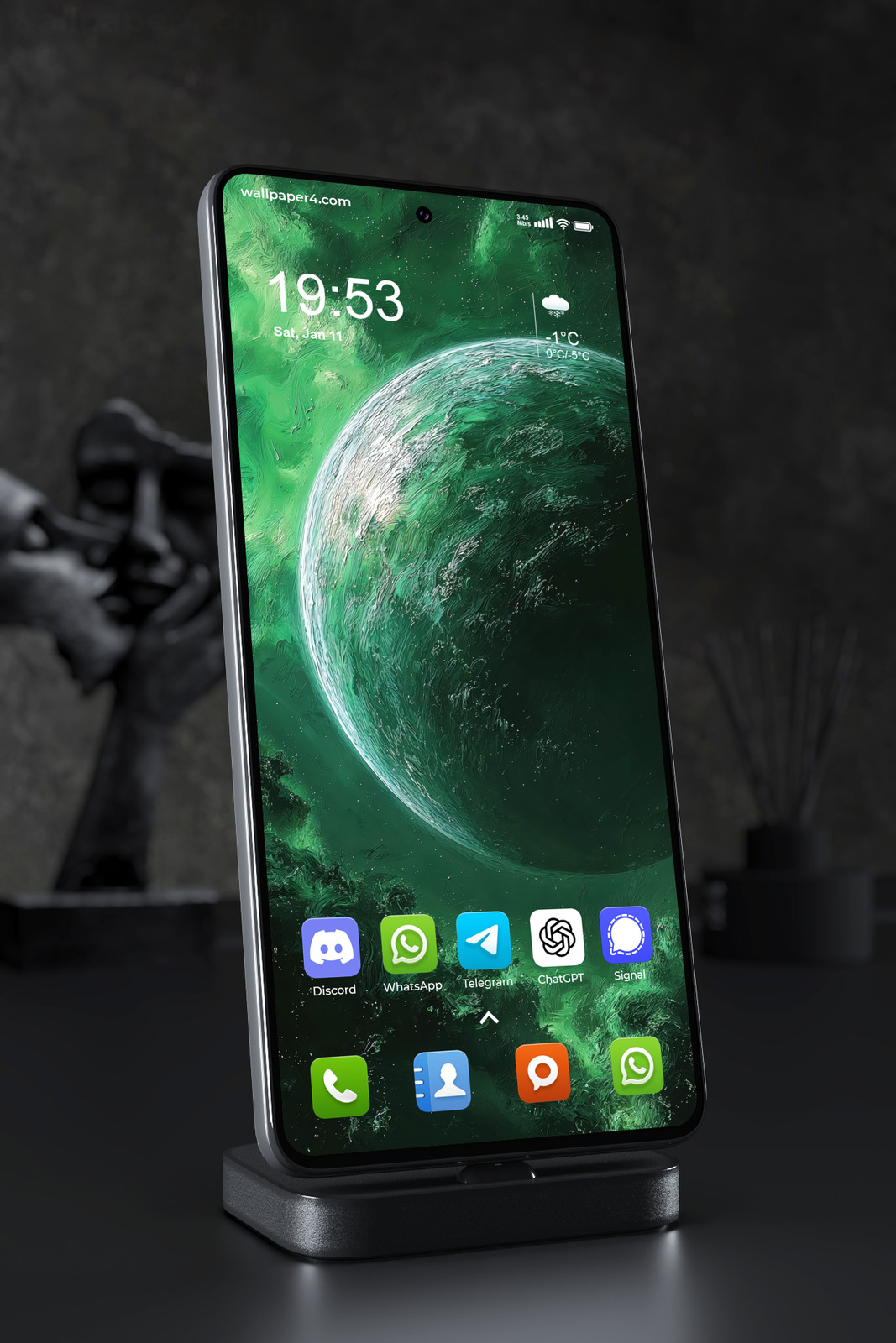 Mobile Wallpaper 8027 - Emerald Planet in Deep Space Abstract Art
