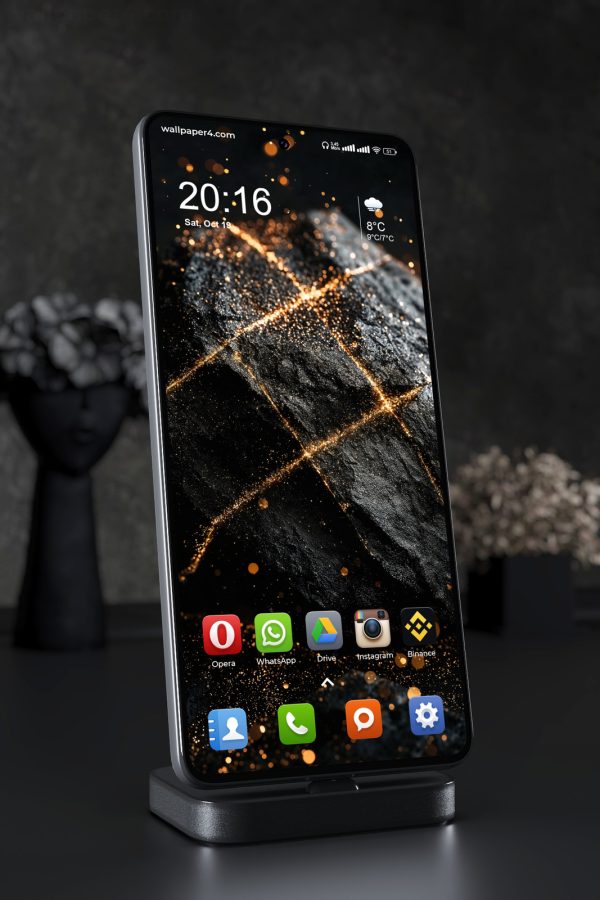 Phone Wallpaper 8035 - Golden Fractures on Black Stone Abstract