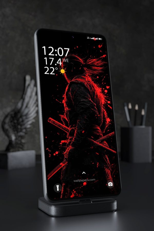 Phone Wallpaper 8038 - Crimson Samurai in the Shadows with Katana