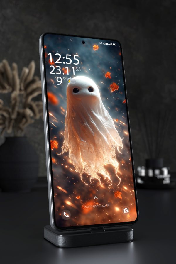 Phone Wallpaper 8043 - Cute Autumn Ghost with Glowing Falling Leaves