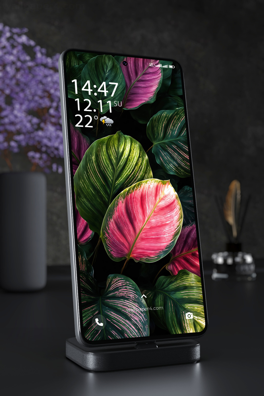 Phone Wallpaper 8053 - Vibrant Tropical Leaves in Pink and Green